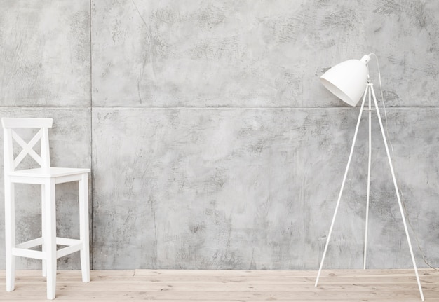 Foto minimalistische witte vloerlamp en kruk met betonnen panelen