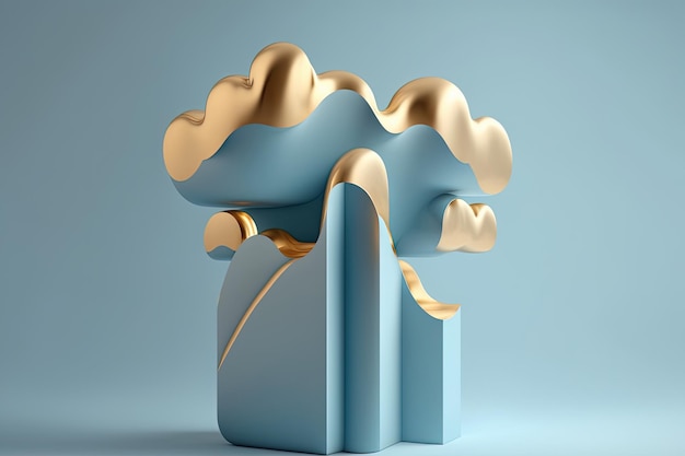 Minimalistische wolk in baby blauwe en gouden kleur abstracte vorm 3D