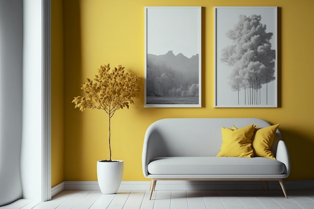 Minimalistische woonkamer in gele kleur en witte bank. Modern en eenvoudig. Generatieve AI.