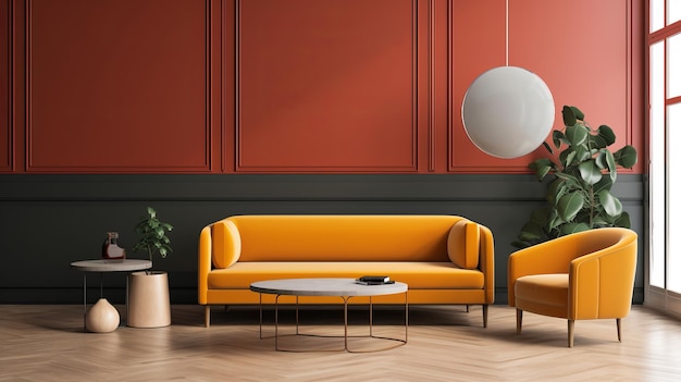 Minimalistische woonkamer interieur lege muur gele stoel AI gegenereerd