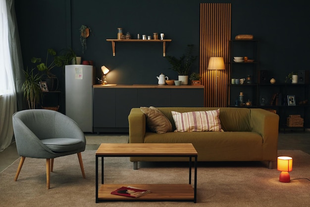 Minimalistische woonkamer met een gezellige meubilairarrangement