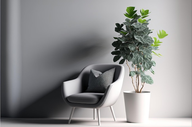 Minimalistische woonkamer met grijze muur, grijze fauteuil en potplant. Generatieve AI