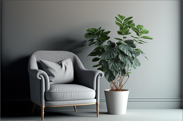 Minimalistische woonkamer met grijze muur, grijze fauteuil en potplant. Generatieve AI