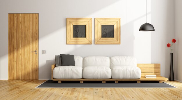 Minimalistische woonkamer met houten bank