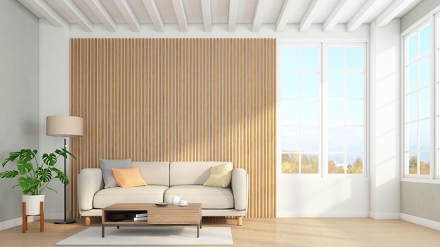 Minimalistische woonkamer met houten lattenwand en bankvloerlamp 3D-rendering