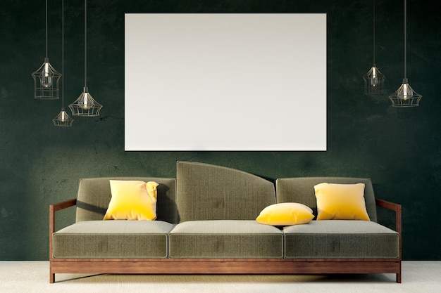 Minimalistische woonkamer met leeg reclamebord