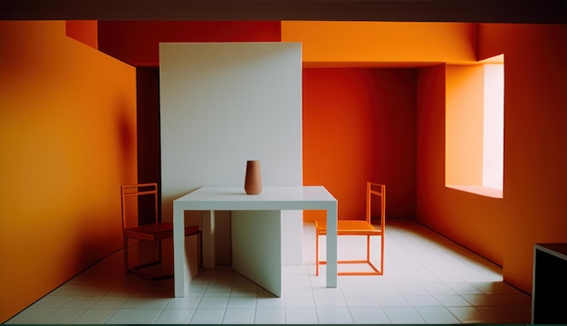 Minimalistische woonkamer met oranje muur en met daglicht schoon interieurconcept