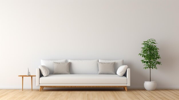 Minimalistische woonkamer met sofa grijze landschapsachtergrond