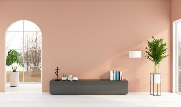 Minimalistische woonkamer met tv-kast en licht oranje muur witte houten vloer 3d rendering