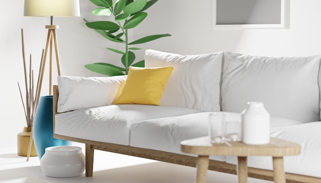 Minimalistische woonkamer witte bank geel kussen Scandinavisch interieur 3D Render