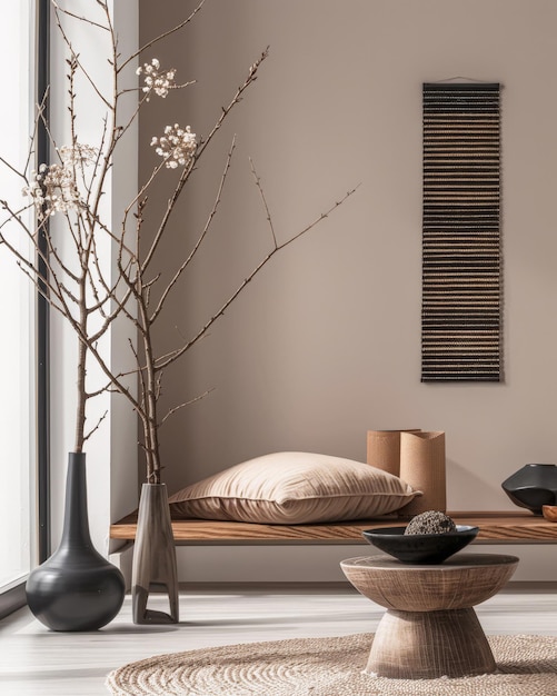 Foto minimalistische zen interieurontwerpcompositie in schone tonen met natuurlijke elementen en vensterverlichting ontspannende serene interieurs meditatie ruimtes