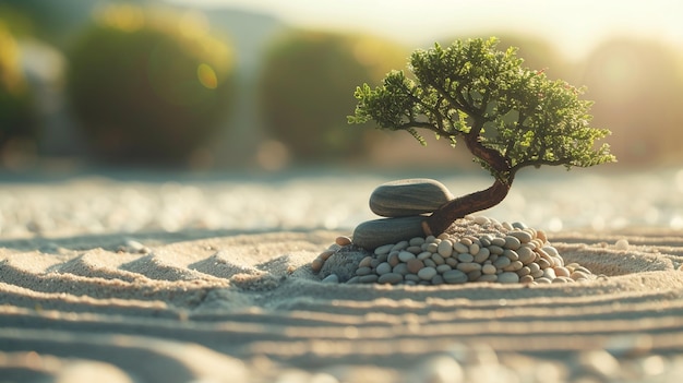 Foto minimalistische zen-tuin met gerakeld zand, gladde stenen en bonsai-bomen