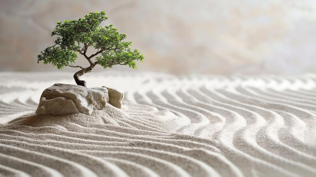 Foto minimalistische zen-tuin met gerakeld zand, gladde stenen en bonsai-bomen