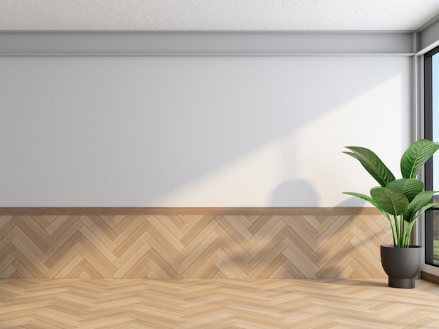 Stanza vuota minimalista con muro bianco e pavimento in legno rendering 3d