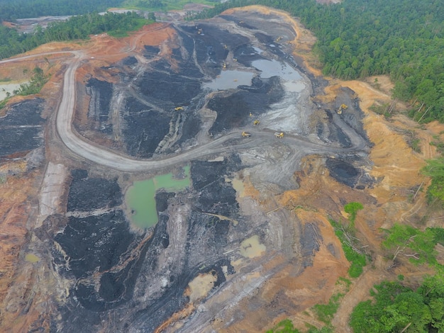 mining activities, coal getting, hauling and loading at a coal mining Project. Aerial view.