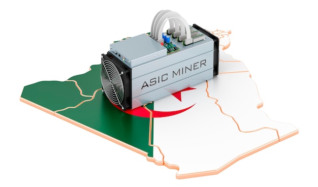 Mining in Algeria concept ASIC miner with Algerian map 3D rendering