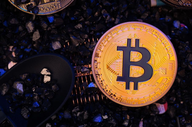 Mining Bitcoin crypto currency on circuit  boardvirtural moneyblockchain technologymining concept