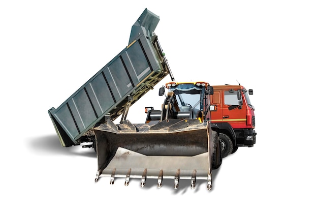 Mining dump truck and bulldozer loader closeup on a white isolated backgroundConstruction equipment for earthworks element for design