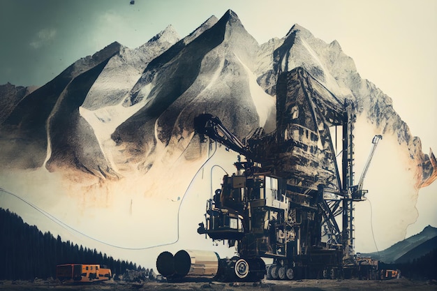 Mining equipment and towering mountains in double exposure created with generative ai