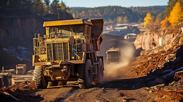 Mining an excavator filling a dump truck with rock or ore