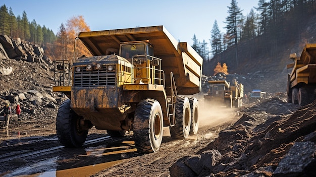 Mining an excavator filling a dump truck with rock or ore