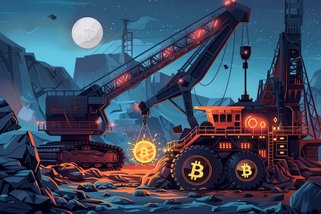 a mining machine at work with the moon in the background illustrate the concept of mining cryptocurrency through powerful computer algorithms and computational power