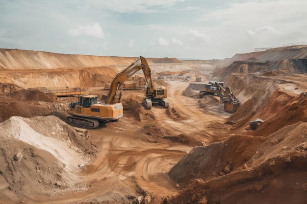 Mining and processing operation with excavators and other heavy equipment moving raw materials