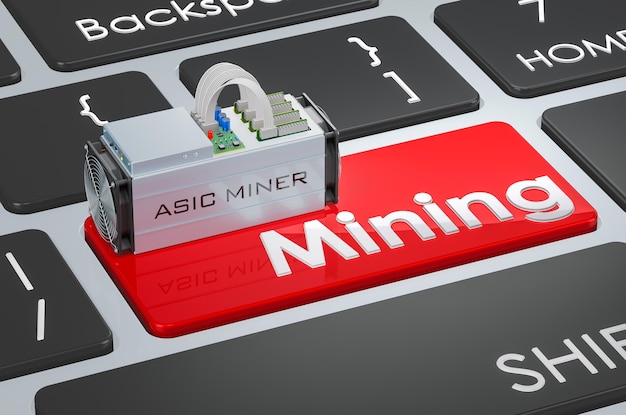 Mining red key ASIC miner on keyboard 3D rendering