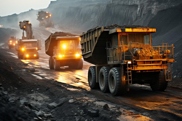 Mining site Numerous heavy trucks excavators shape coal mine area bustling with industry