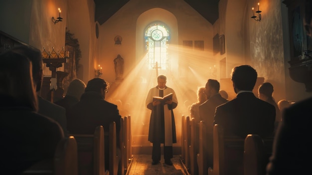 Photo the minister leads congregation in prayer reads from the holy book the bible gospel of jesus portrait of priest gives hope to faithful people dramatic cinematic shot