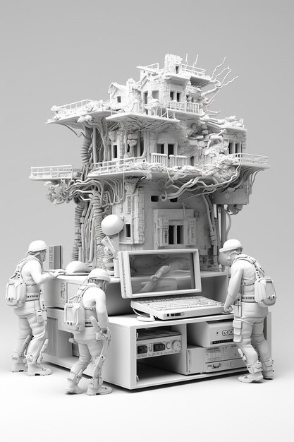 Photo a miniture futuristic computer being repaired by tiny workers intricite detailed