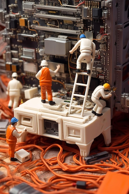 a miniture futuristic computer being repaired by tiny workers intricite detailed