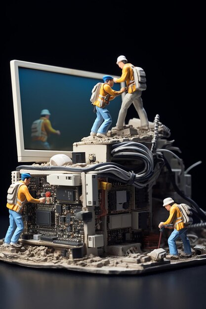 Photo a miniture futuristic computer being repaired by tiny workers intricite detailed