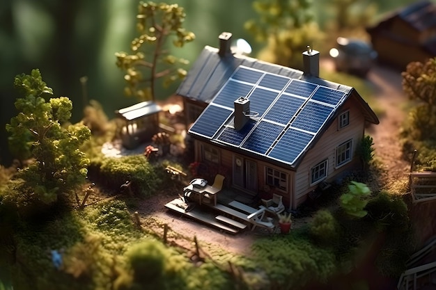 Miniwereldmodelwoningen met zonnepanelen in een groene tuin Generatieve AI 1