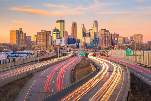 Minneapolis downtown skyline in Minnesota USA at sunset