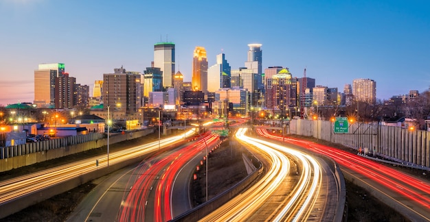 Minneapolis downtown skyline in Minnesota, USA at sunset