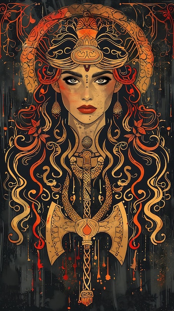 Минойская жрица Портрет женщины в змеиной богине Т-shirt дизайн искусства татуировки чернила рамки