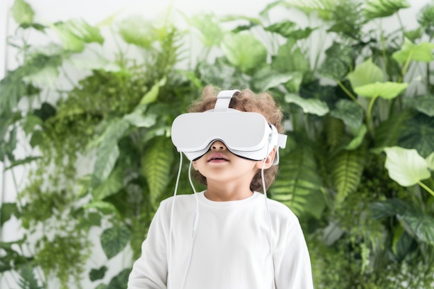 Minors child wearing virtual reality goggles in the garden and ignoring real life The concept of gadget addiction and overuse of social media and mobile devices