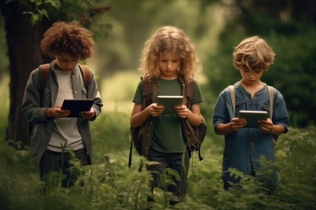 Foto i bambini minorenni usano gadget in giardino e ignorano la vita reale il concetto di dipendenza da gadget e uso eccessivo dei social media e dei dispositivi mobili