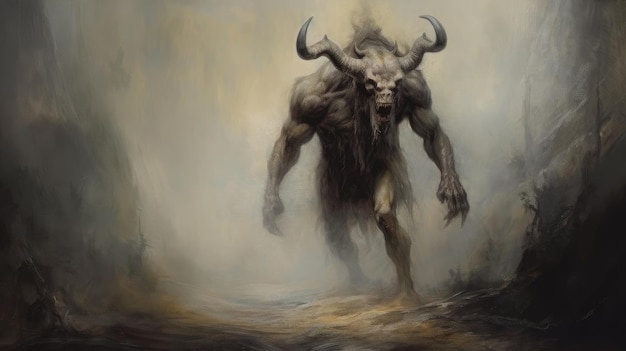 Minotaur Emerges From Dark Mist In Oil Painting