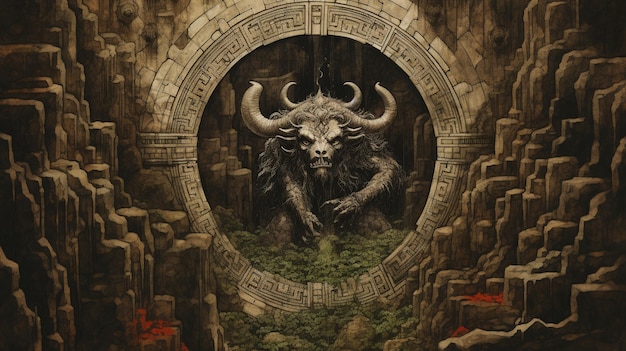 The Minotaur Lurking in the Labyrinth on Aged Paper