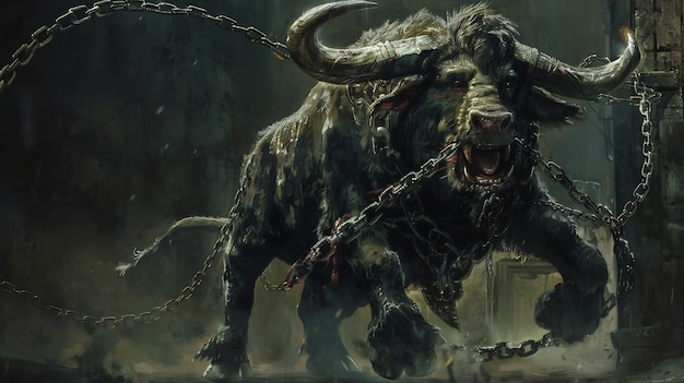 minotaur monster with chains in a maze