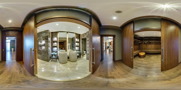 MINSK BELARUS AUGUST 2017 full seamless panorama 360 angle view in elite vip bathroom and wardrobe in loft hotel Spherical 360 panorama in equirectangular projection ready for VR AR content