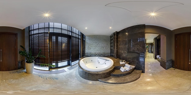 MINSK BELARUS AUGUST 2017 full seamless panorama 360 angle view in elite vip bathroom with jacuzzi in loft hotel Spherical 360 panorama in equirectangular projection ready for VR AR content