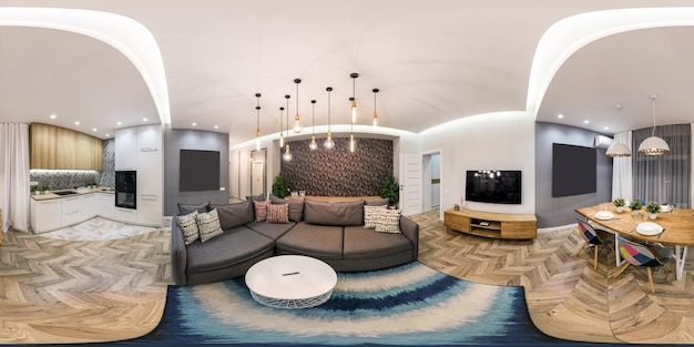 MINSK BELARUS FEBRUARY 2019 full seamless spherical hdri panorama 360 degree angle view in interior of modern guestroom hall with sofa in light color style in equirectangular projection