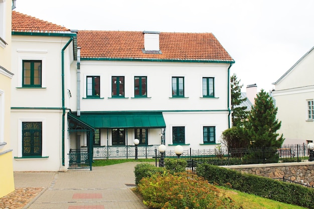 Minsk Belarus fine cozy white houses with a tiled roof in the old city of Trinity Suburb