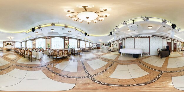 Minsk belarus july 15 2014 modern interior of gourmet\
restaurant with light style with white grand piano full 360 by 180\
degree seamless panorama in equirectangular spherical\
projection