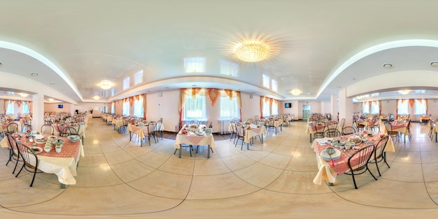 MINSK BELARUS JULY 2013 Full spherical 360 by 180 degrees seamless panorama in interior fast food canteen in sanatorium in equirectangular equidistant projection VR AR content