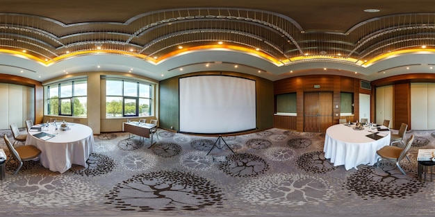 Photo minsk belarus july 2017 full seamless 360 degrees angle view panorama in interior of modern empty conference hall for business meetings with panoramic windows in equirectangular projection