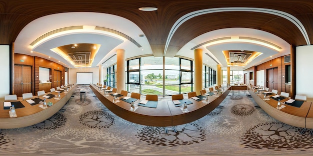 MINSK BELARUS JULY 2017 full seamless 360 degrees angle view panorama in interior of modern empty conference hall for business meetings with panoramic windows in equirectangular projection